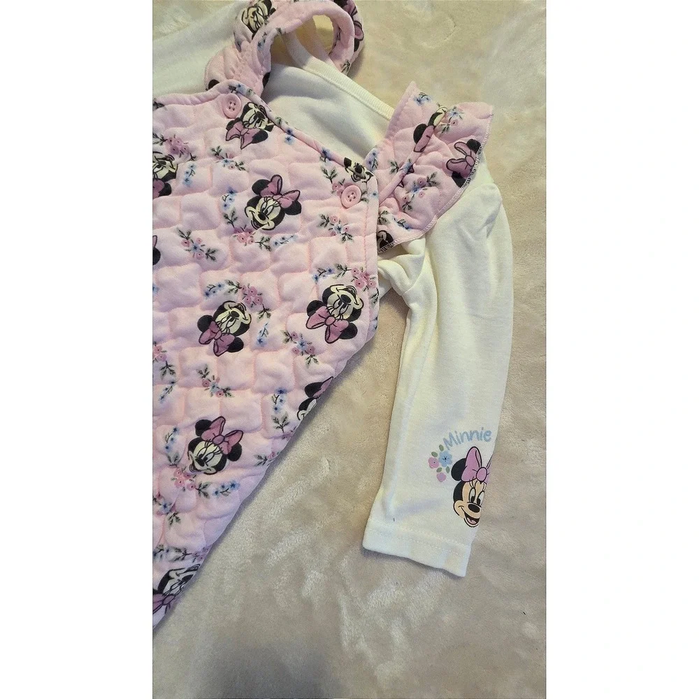 Disney Baby Minnie MouseOutfit Set‎ Pink Quilted Overalls Cotton Shirt 12M